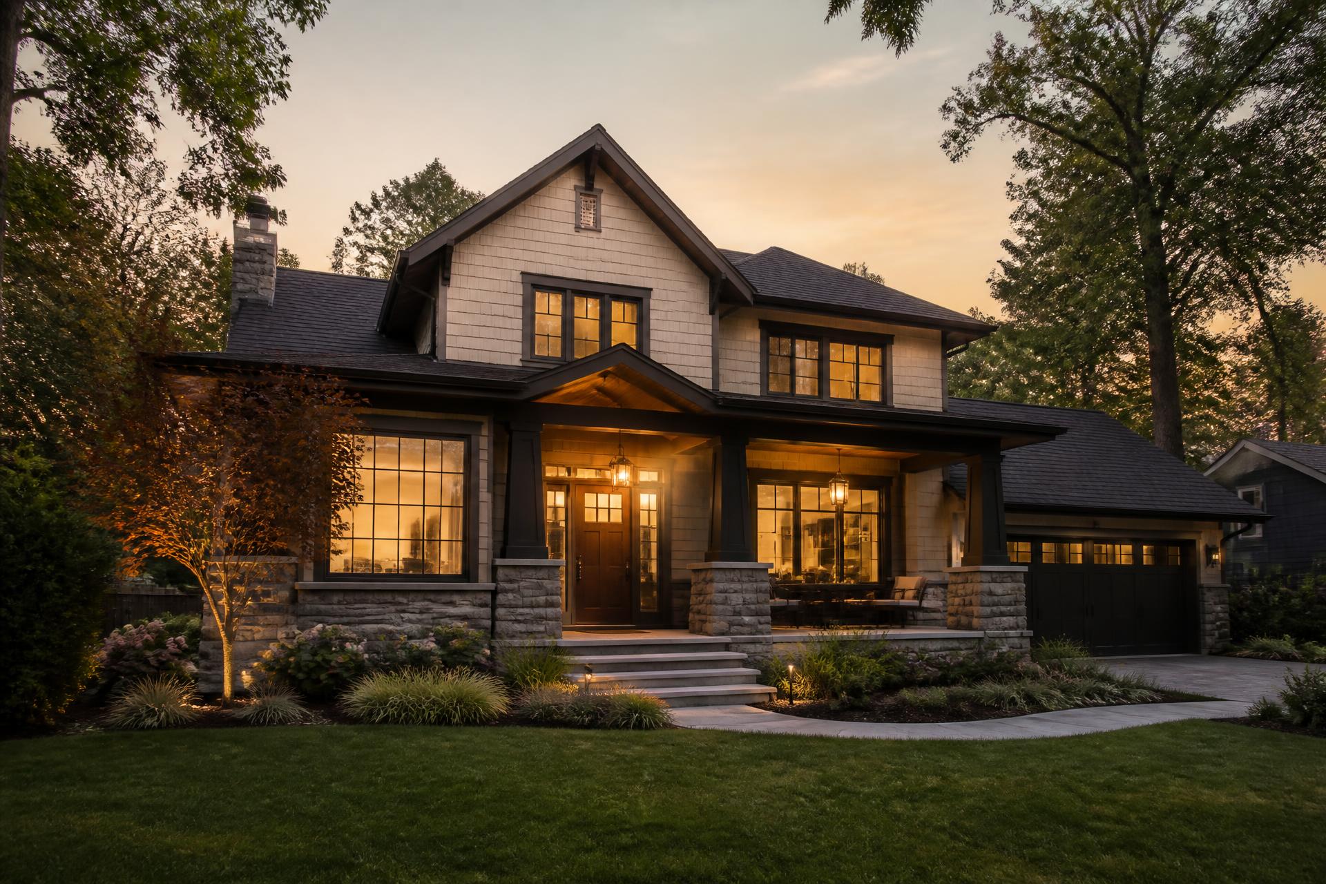 A well-kept craftsman home glowing at dusk